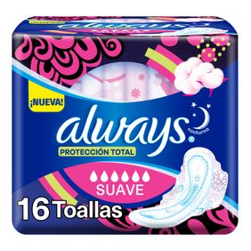 Toallas Femeninas Triple Protección Noche Suave C/Alas Always x16 Un